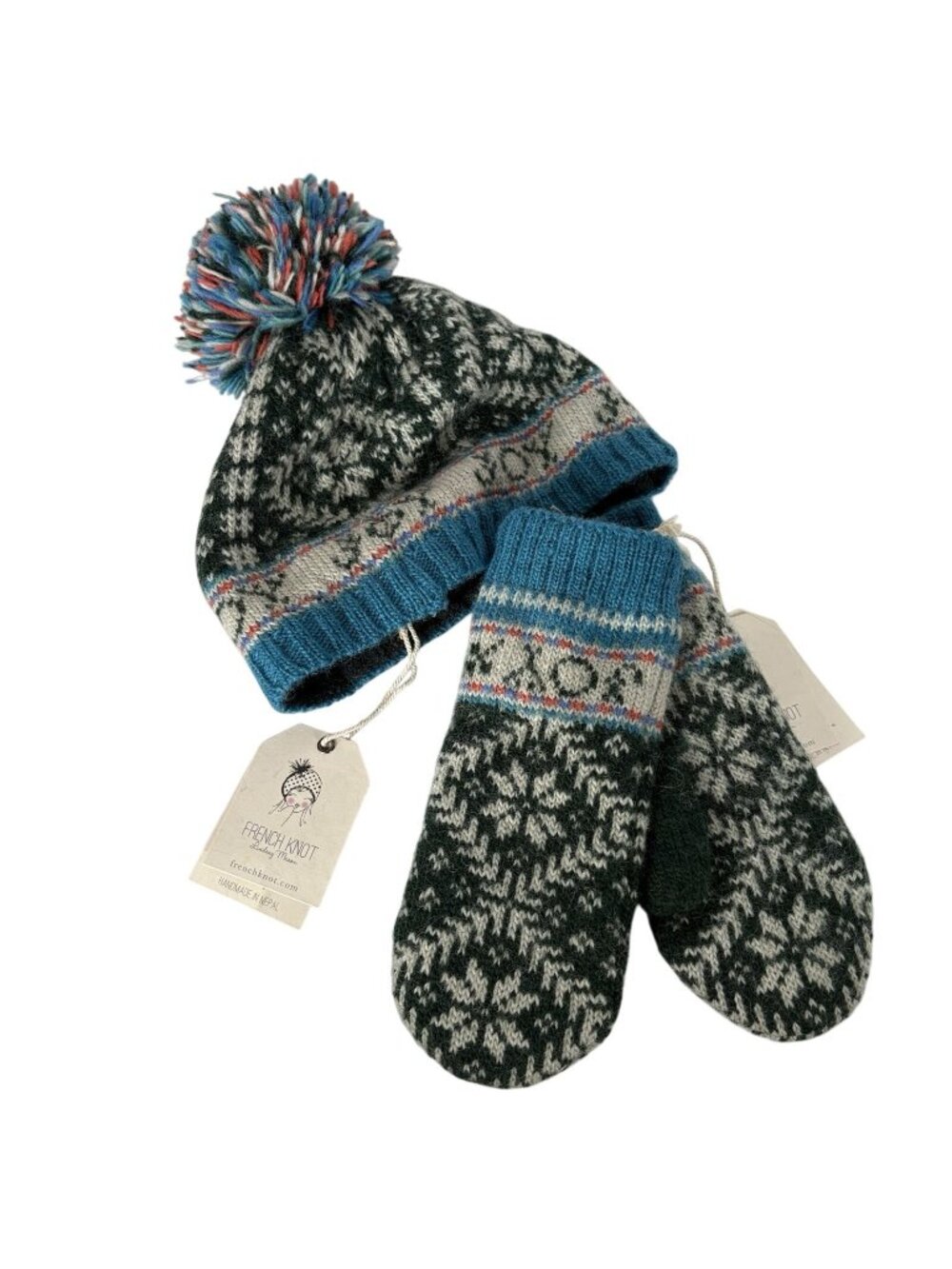 French Knot Novelty Joy Handmade Wool Fair Isle Nordic Hat & Mittens Set NWT